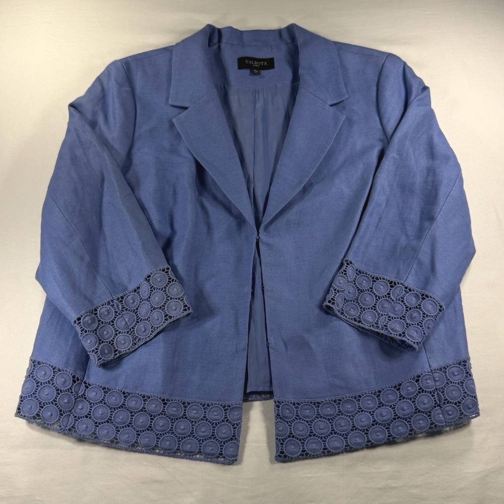 Talbots Woman Blue Linen Blend Lace Trim Open Front Blazer Jacket 14W